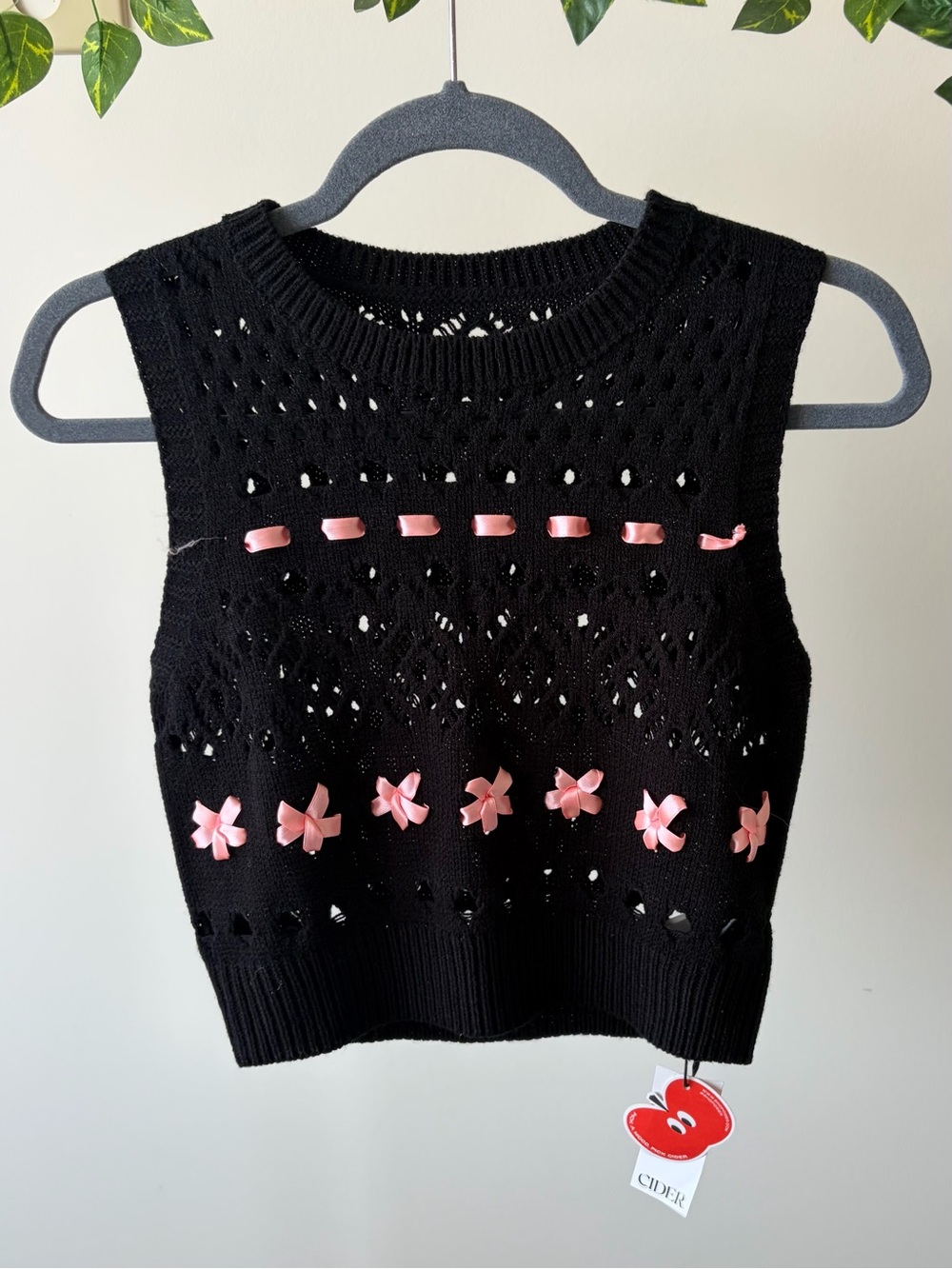 New Cider Coquette Bow Knit Sweater Vest Black Pink Y2K 🍒